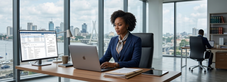 Nigerian lawyer using a laptop to explore legal tech trends in Nigeria