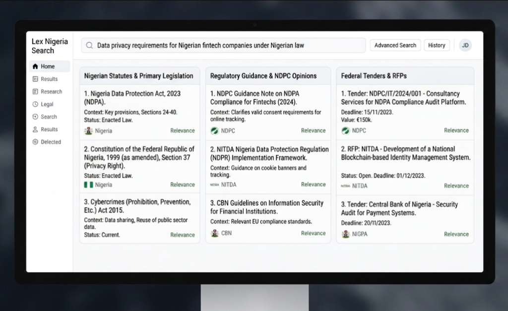 ai tools for lawyers in Nigeria dashboard showing searchable laws and regulations