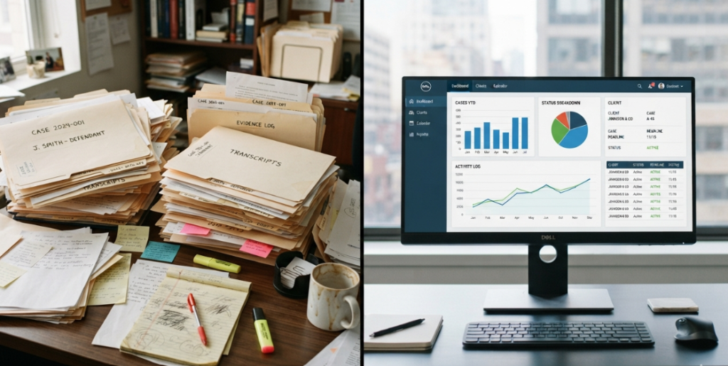 comparison showing manual filing versus legal workflow automation tools in a law office