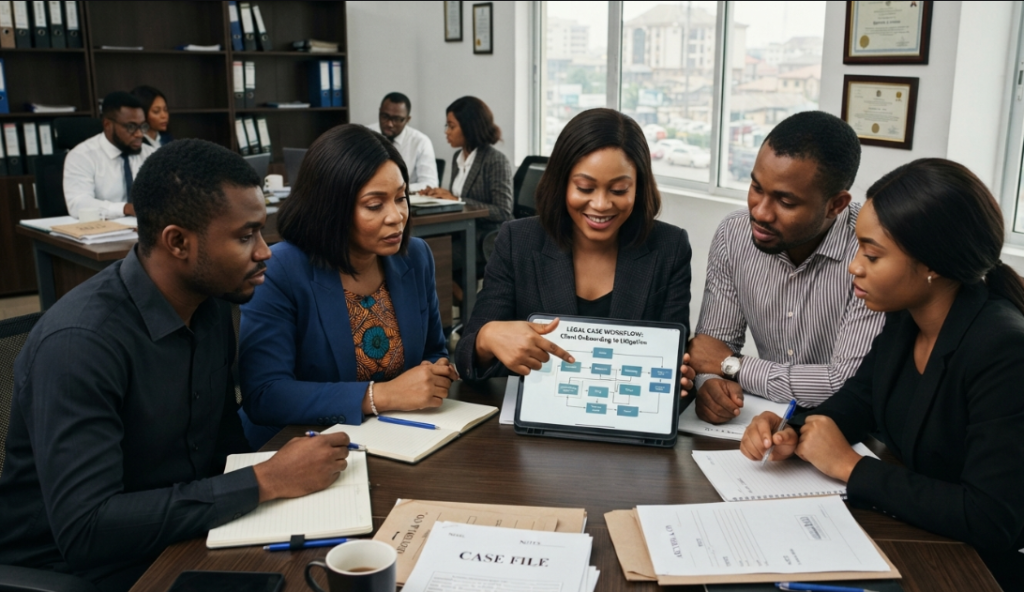 legal team reviewing legal workflow automation tools together during a case meeting