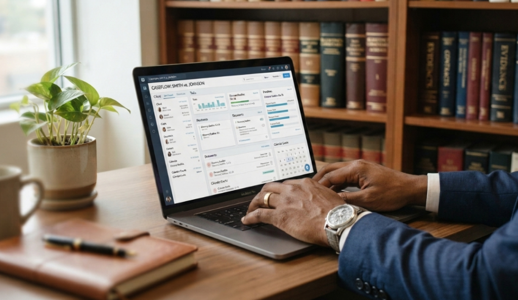 best case management software for lawyers displayed on a law office laptop