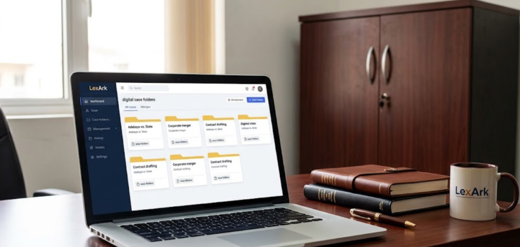 : legal document management software dashboard on lawyer's laptop